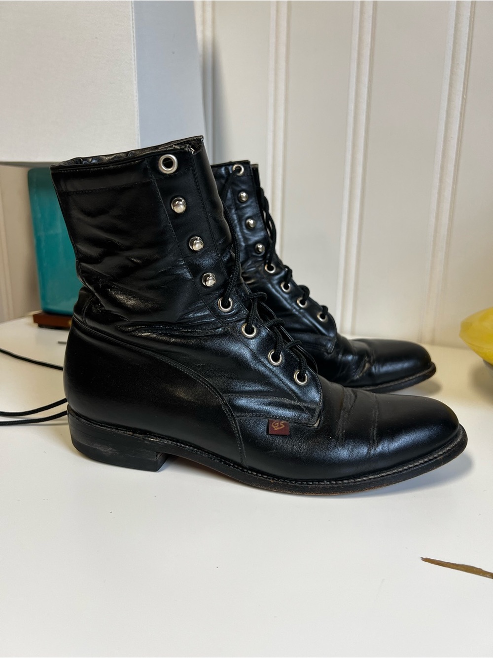 Vintage 1990 George Strait Justin Black Leather Lace-up Boots Woman 7.5 Made USA